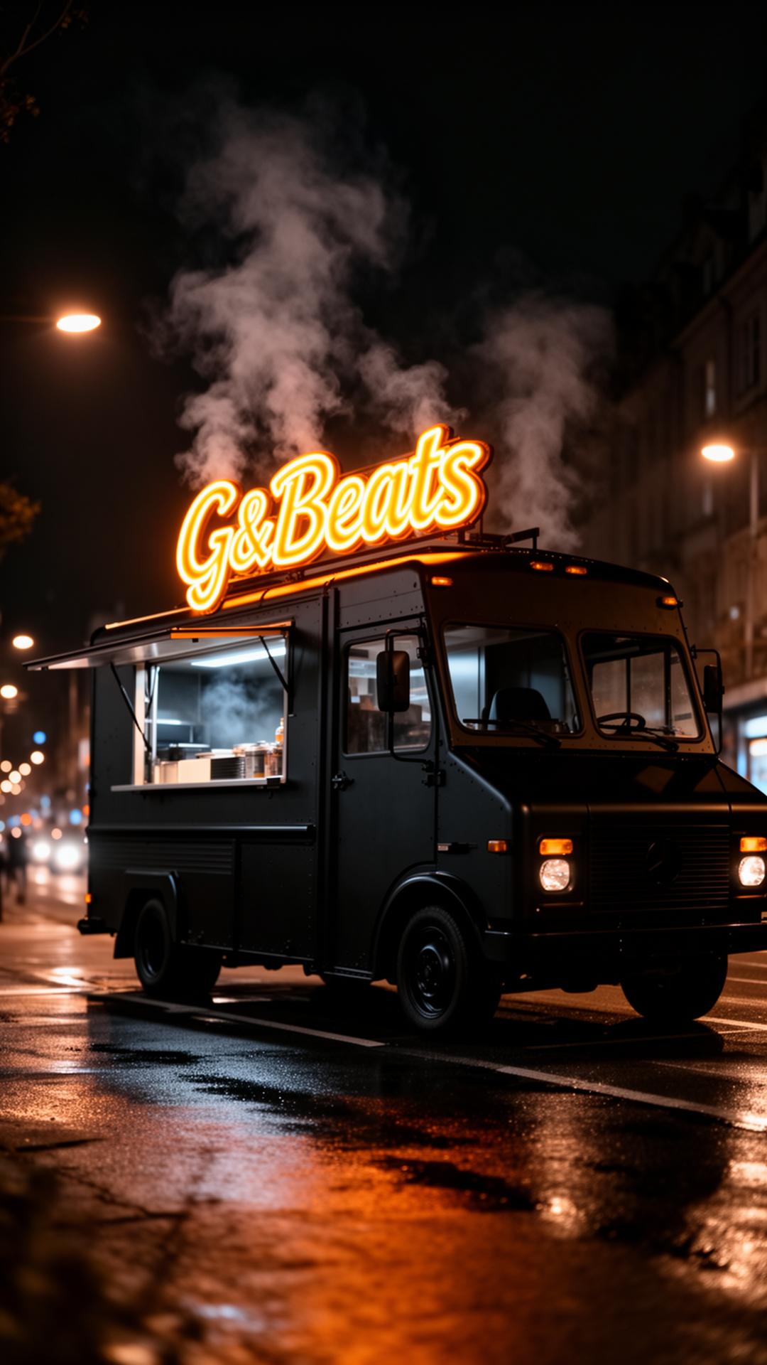 G&Beats food truck glowing at night